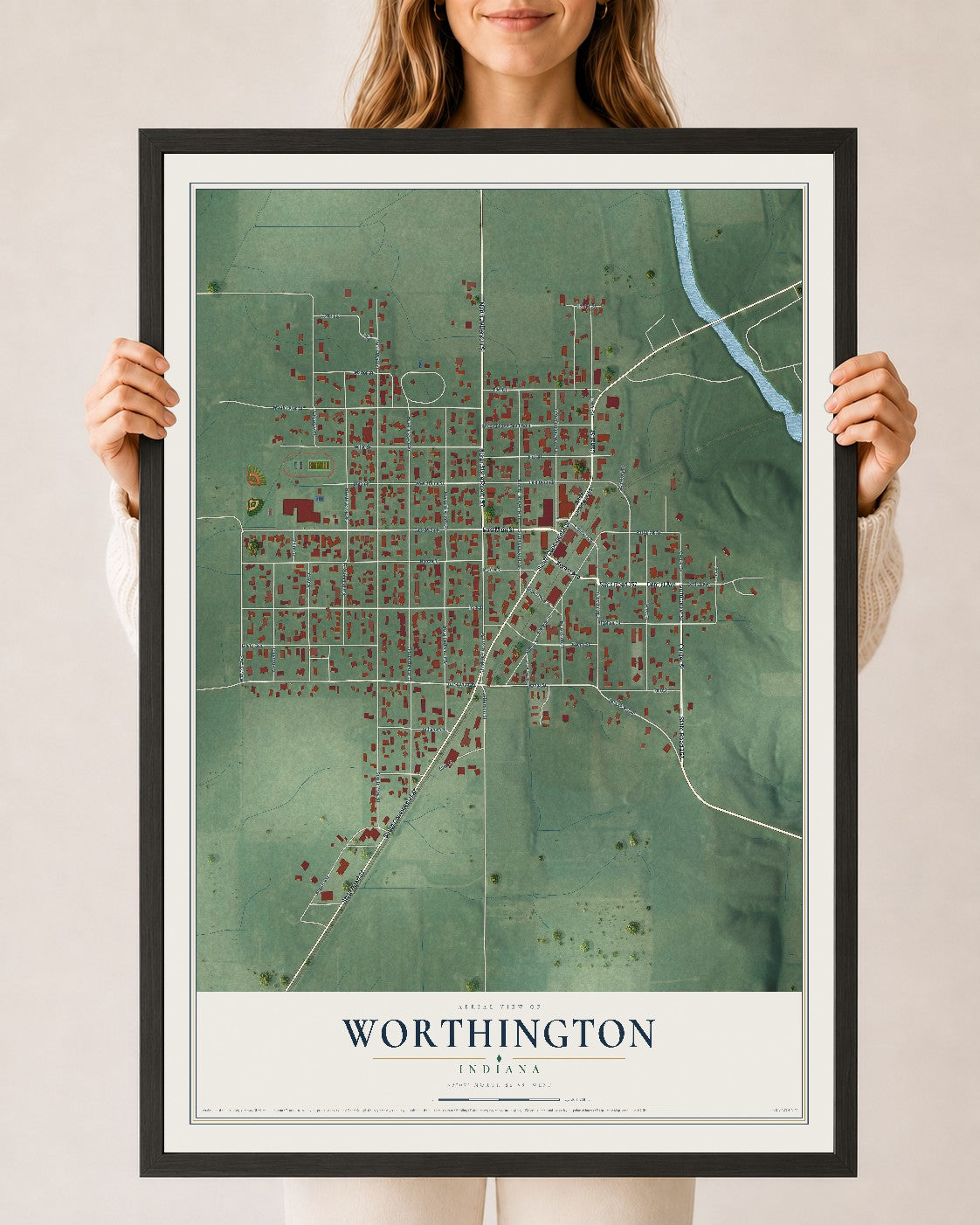 Map of Worthington, Indiana, 24 x 36 inch print in a black wood frame