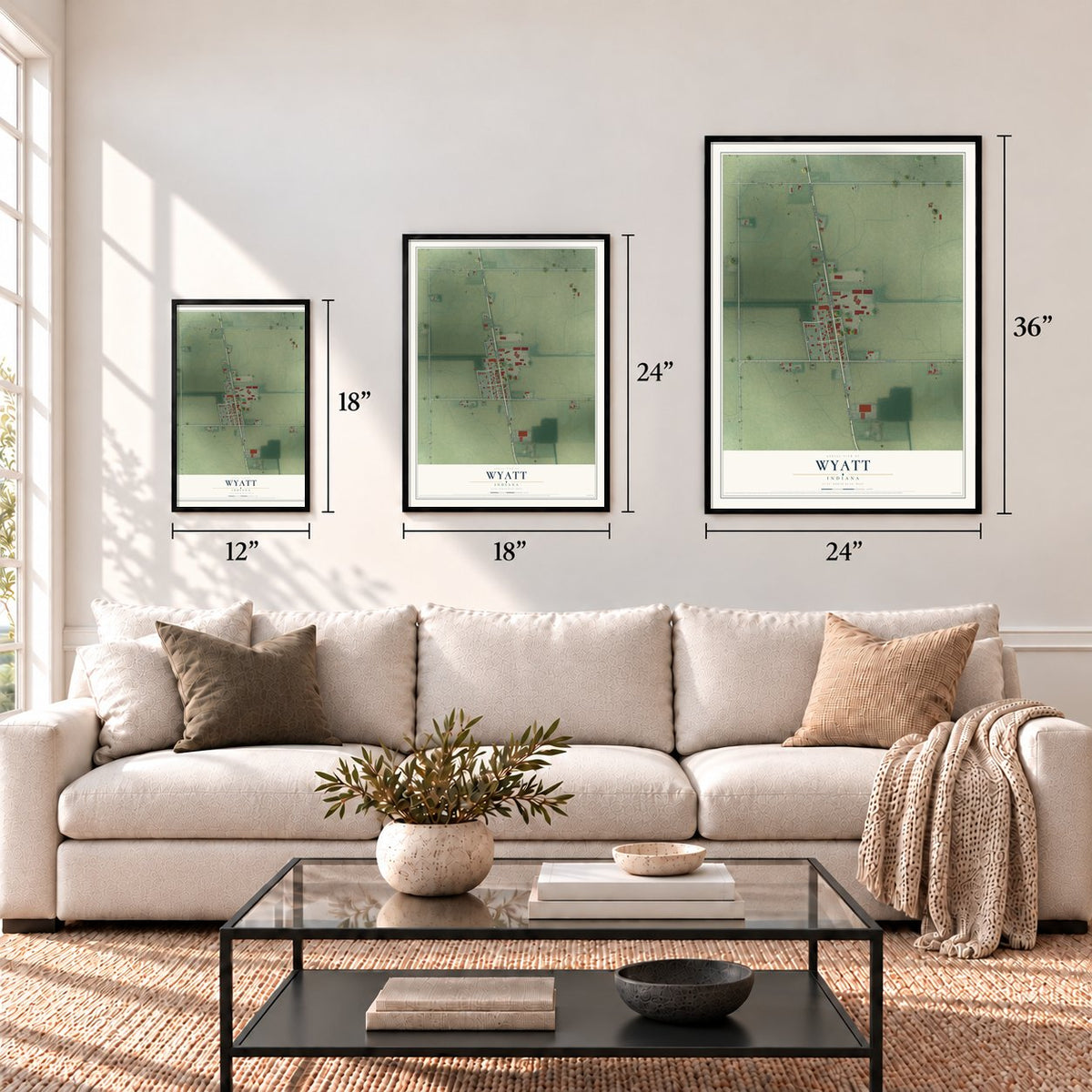 Wyatt, Indiana map in 12 x 18, 18 x 24 and 24 x 36 inch sizes above a sofa