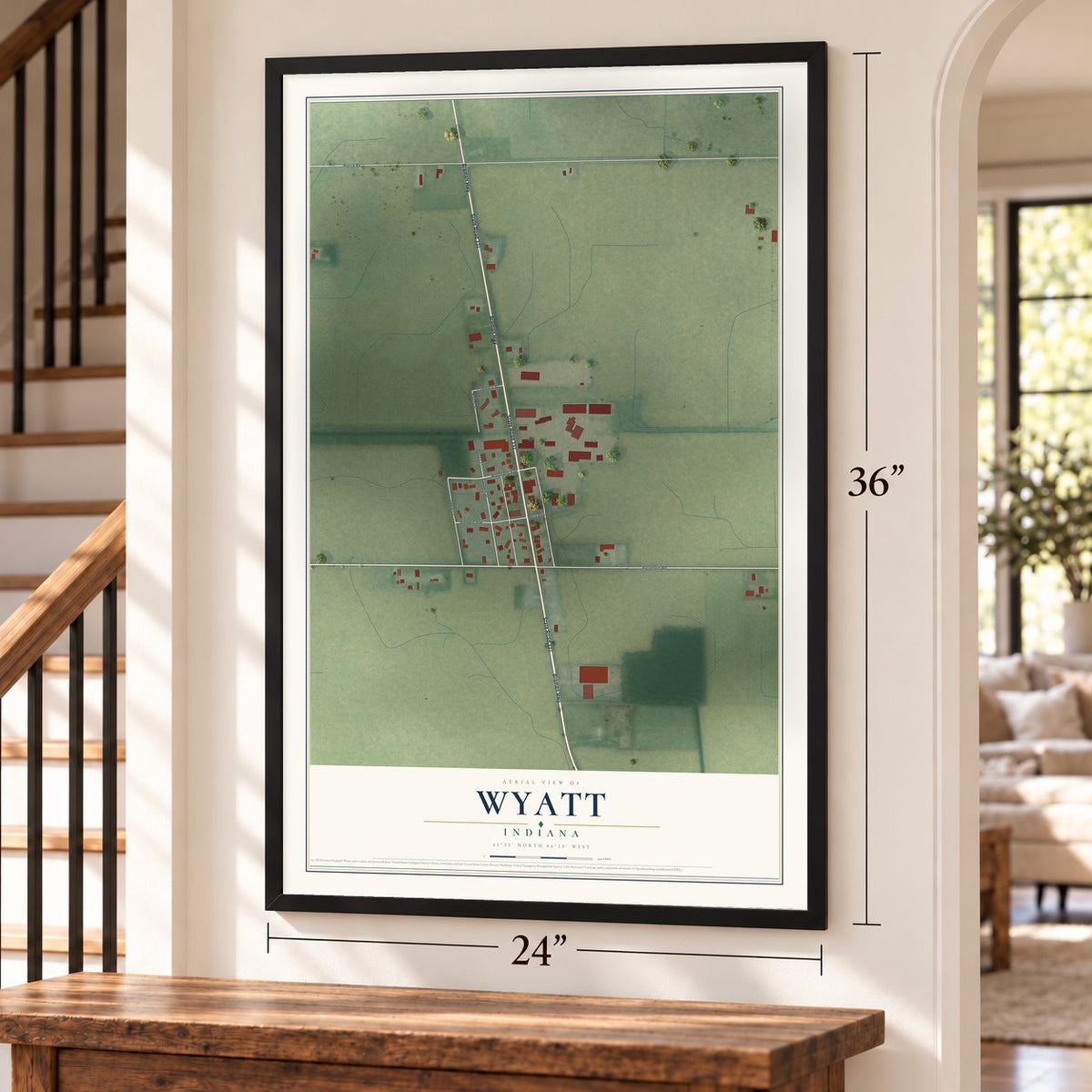 Wyatt, Indiana map, 24 x 36 inch print in a black frame by a staircase