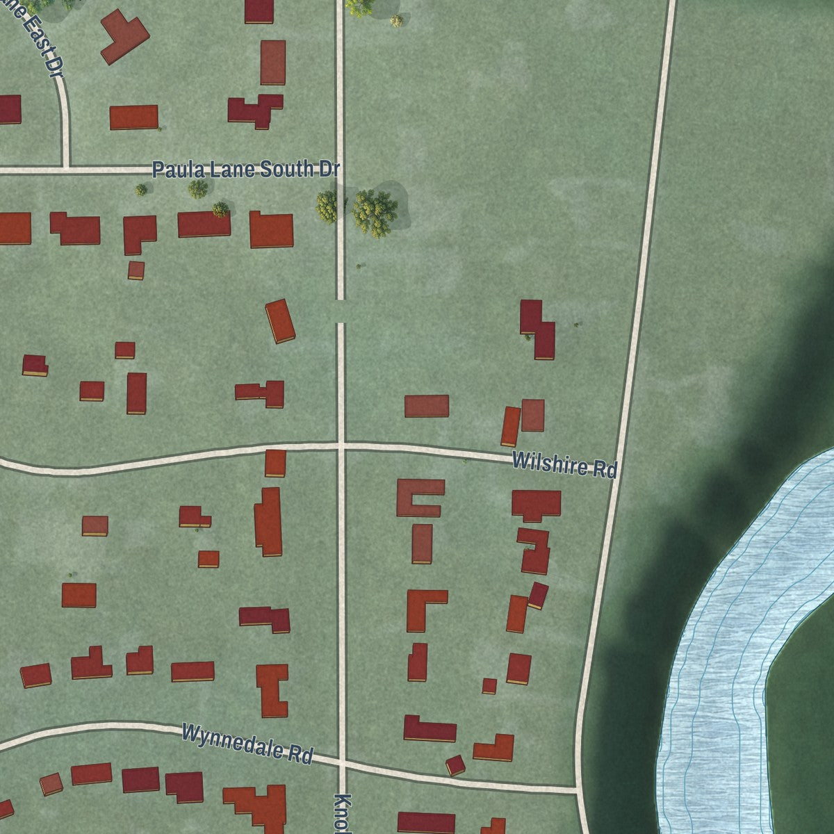 Close-up of the map of Wynnedale, Indiana print showing street and building detail