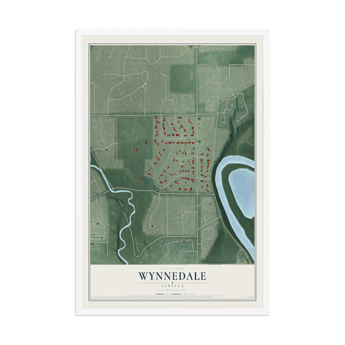 Map of Wynnedale, Indiana, 12 x 18 inch print in a white wood frame