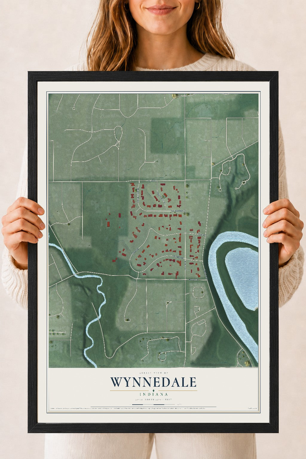 Map of Wynnedale, Indiana, 18 x 24 inch print in a black wood frame