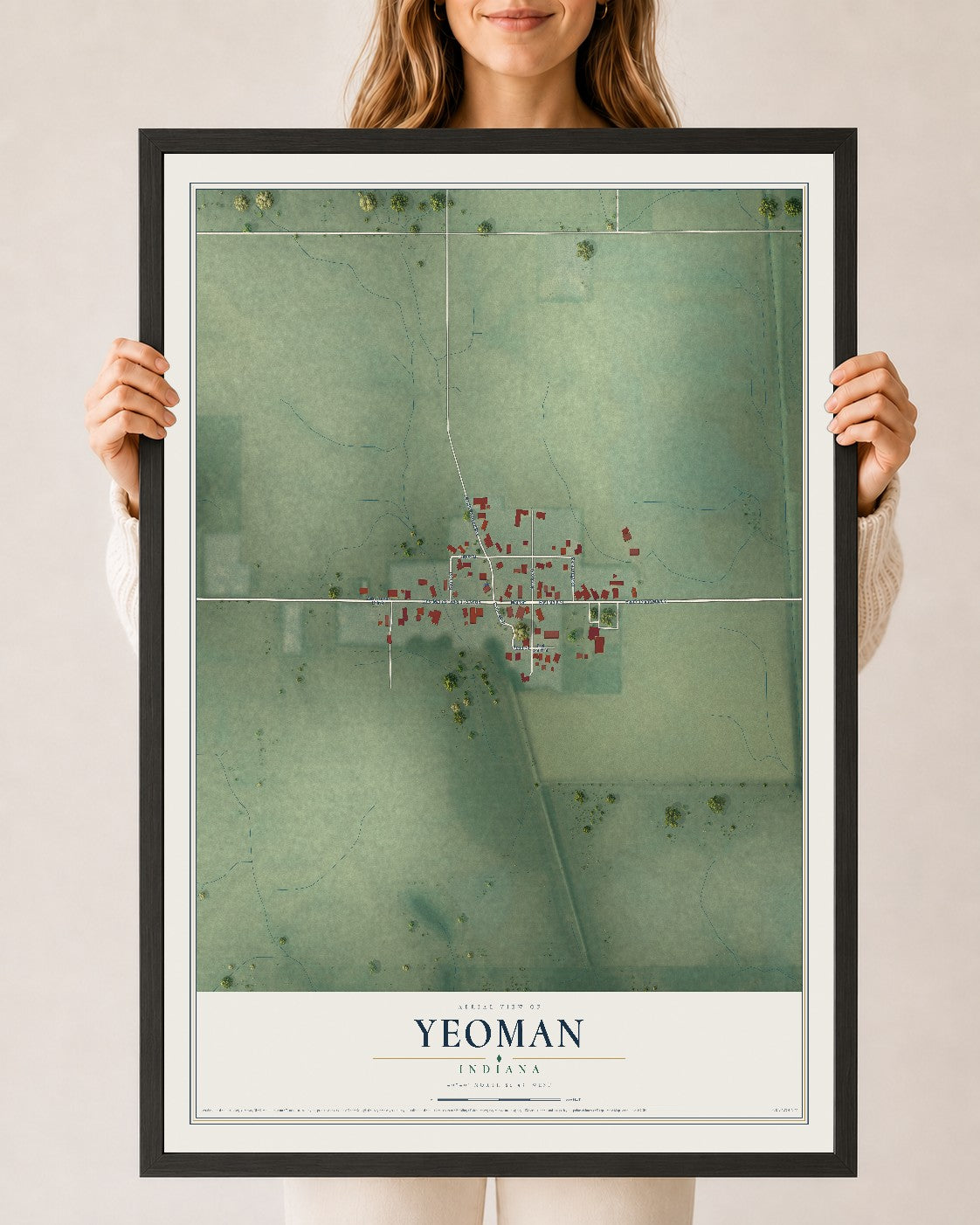 Map of Yeoman, Indiana, 24 x 36 inch print in a black wood frame