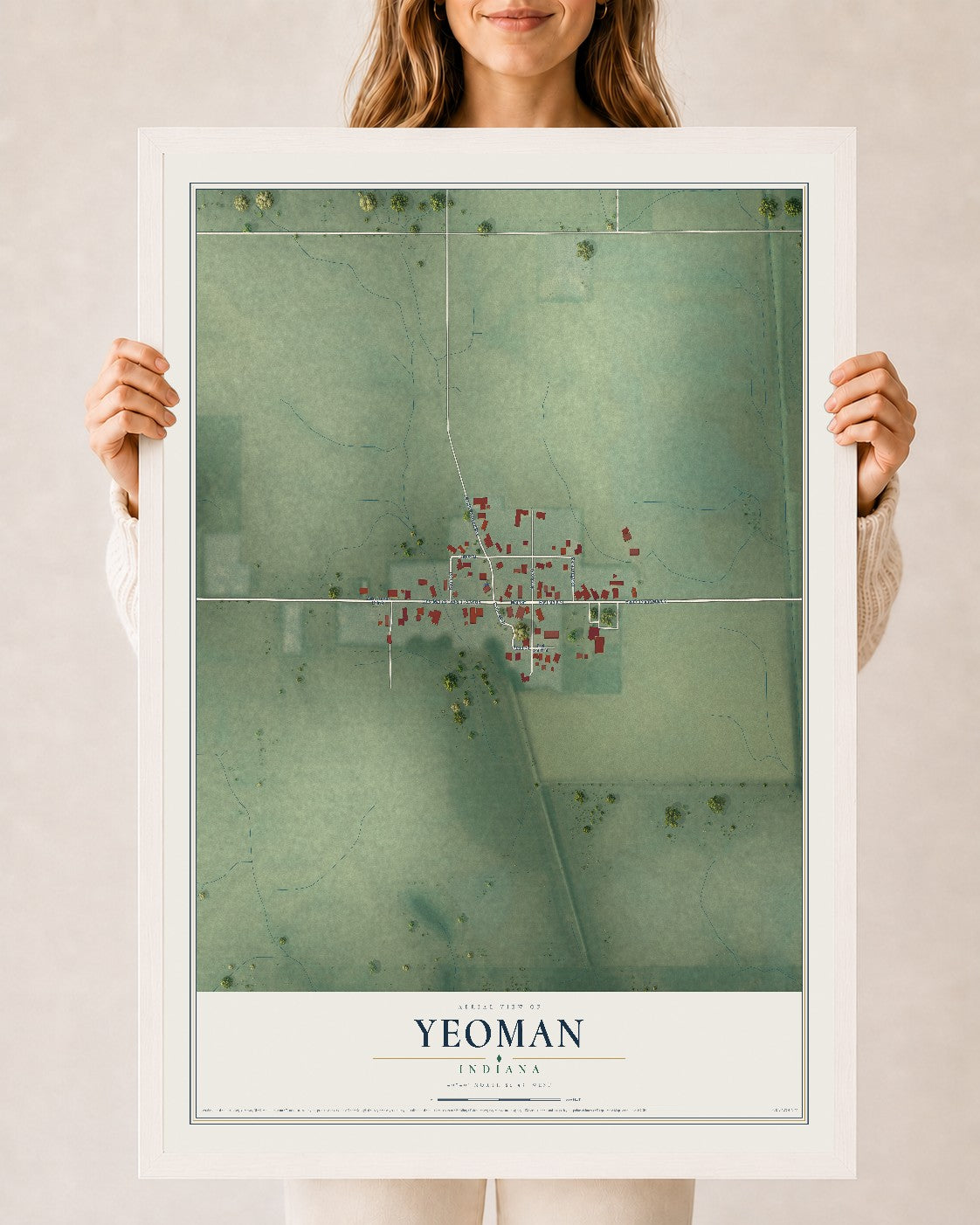 Map of Yeoman, Indiana, 24 x 36 inch print in a white wood frame