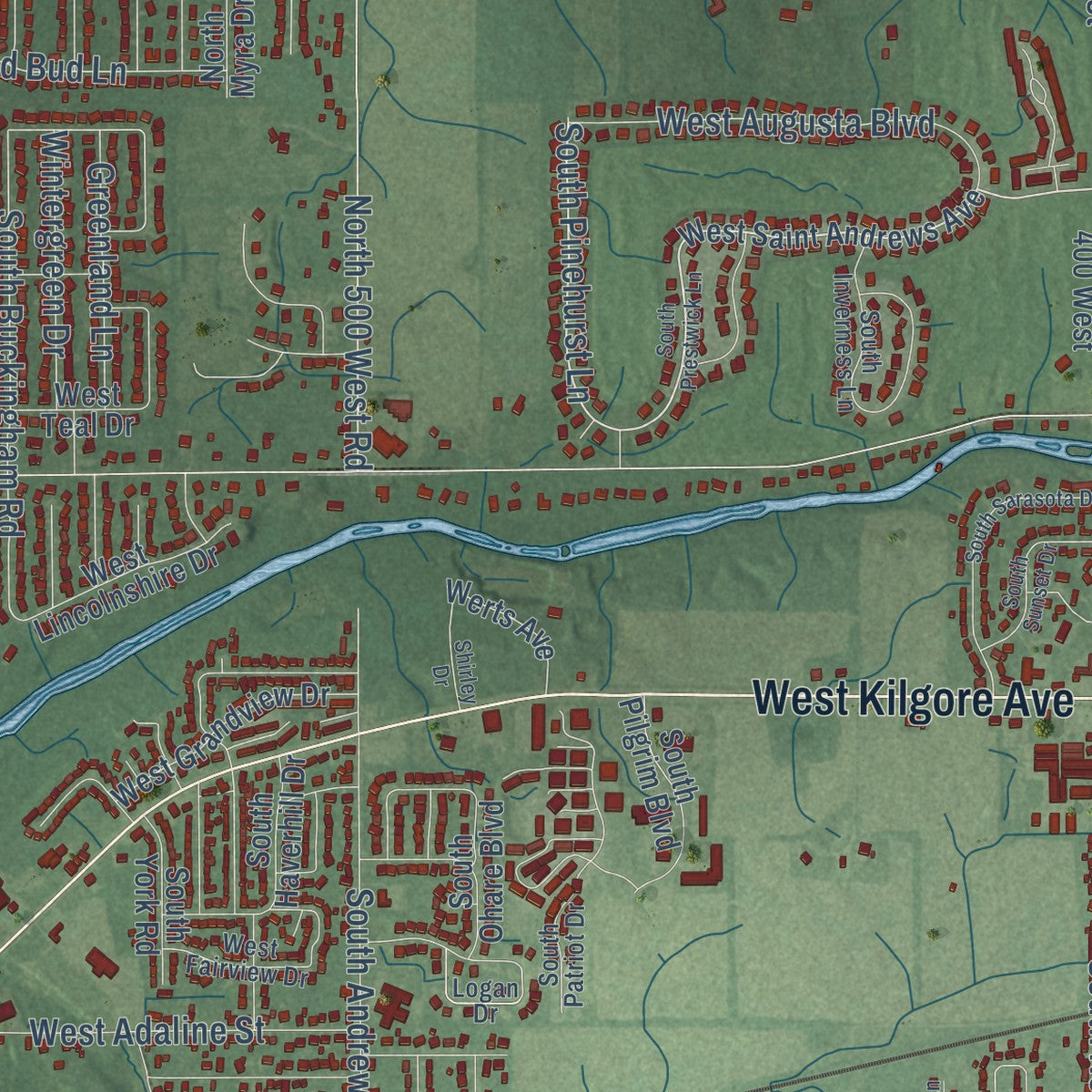 Close-up of the map of Yorktown, Indiana print showing street and building detail