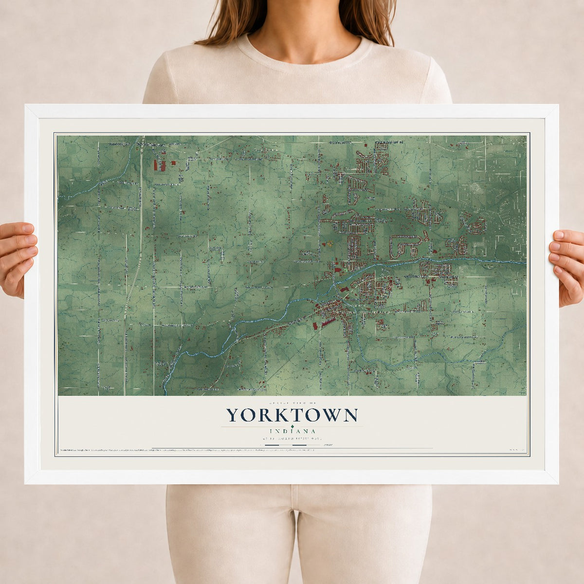 Map of Yorktown, Indiana, 18 x 24 inch print in a white wood frame