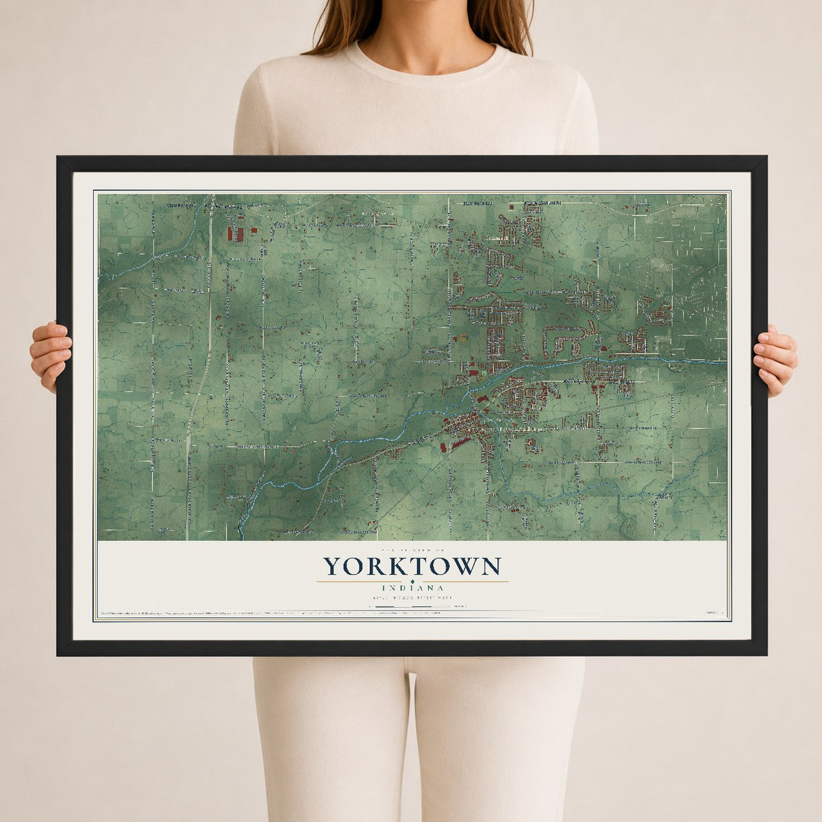 Map of Yorktown, Indiana, 24 x 36 inch print in a black wood frame