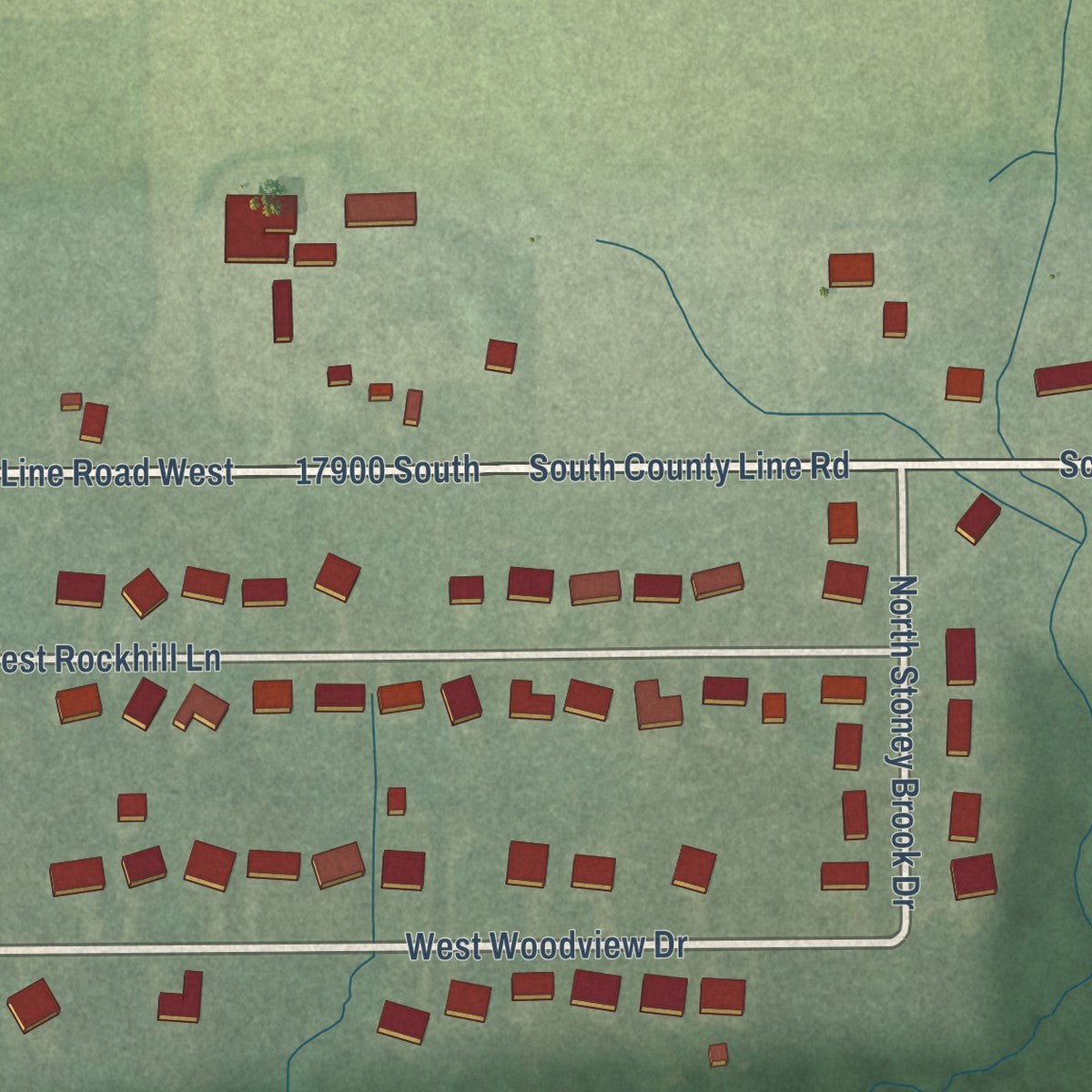 Second close-up of the map of Zanesville, Indiana print showing more streets and buildings