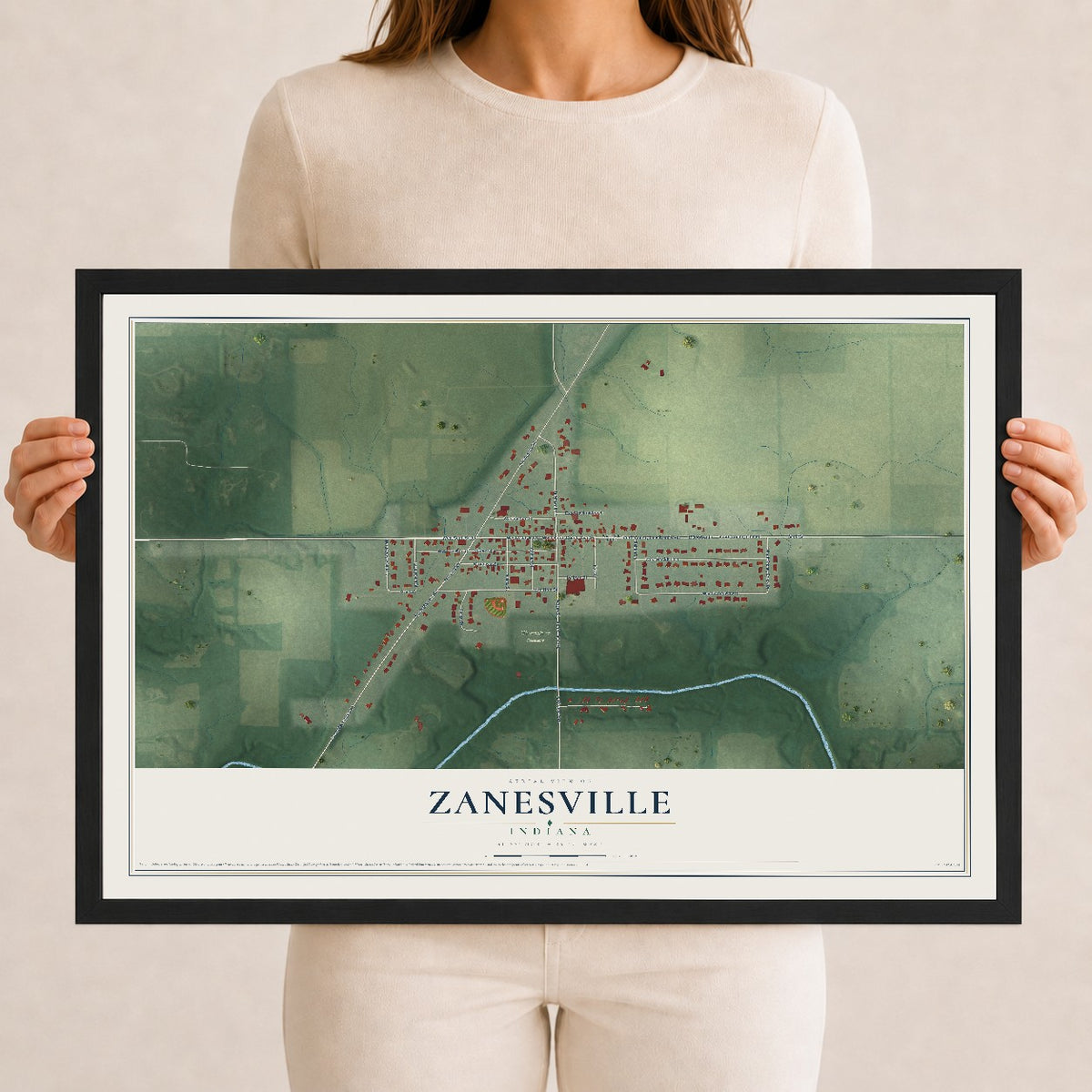 Map of Zanesville, Indiana, 12 x 18 inch print in a black wood frame