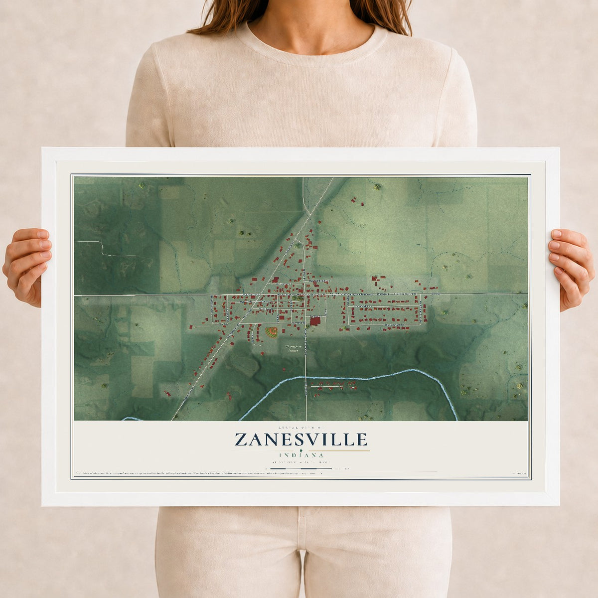Map of Zanesville, Indiana, 12 x 18 inch print in a white wood frame