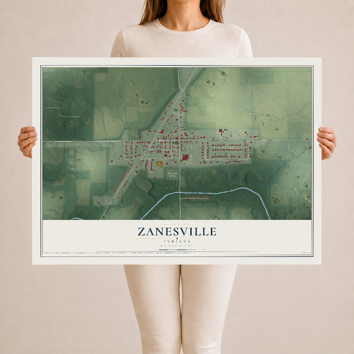 Map of Zanesville, Indiana, 24 x 36 inch unframed archival matte print