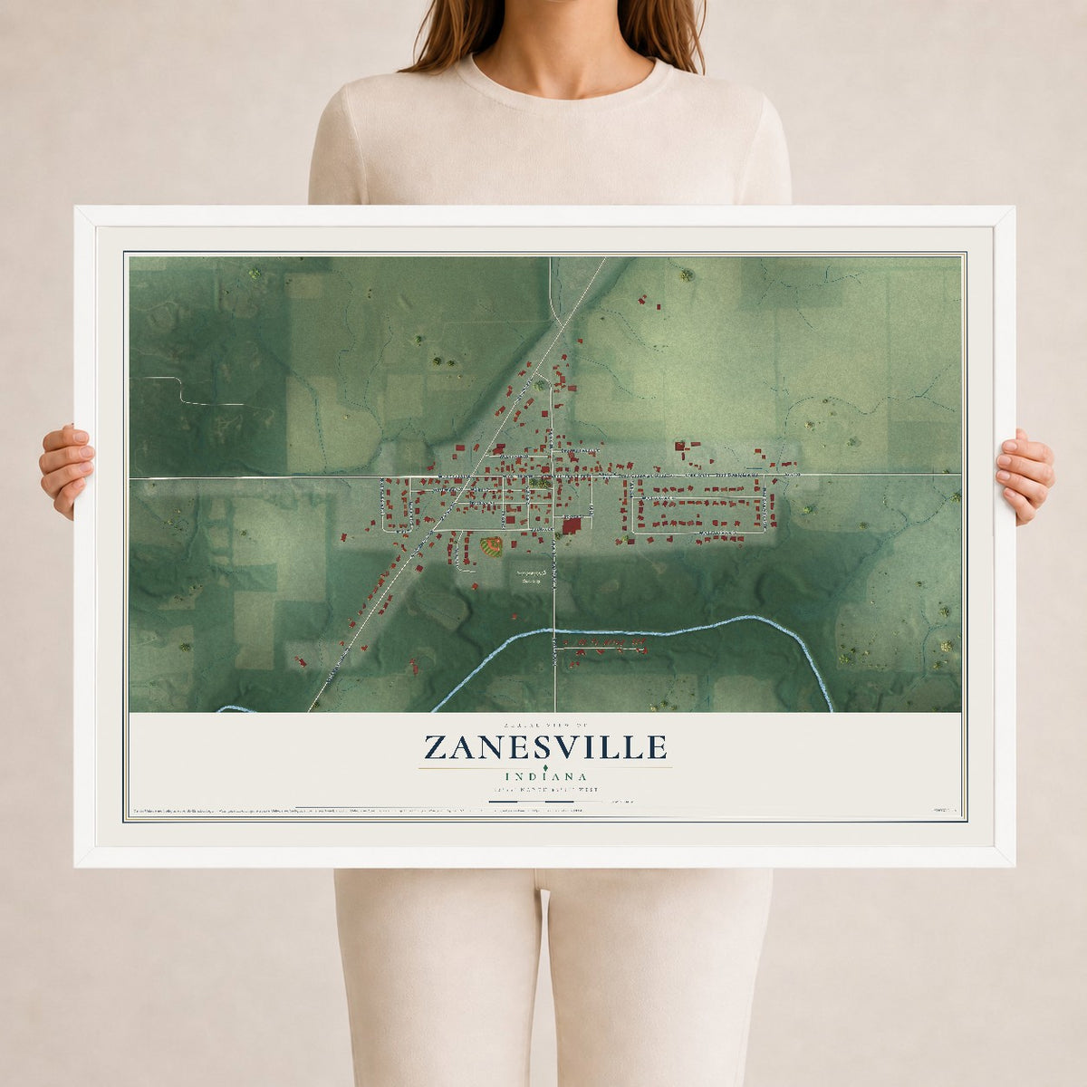 Map of Zanesville, Indiana, 24 x 36 inch print in a white wood frame