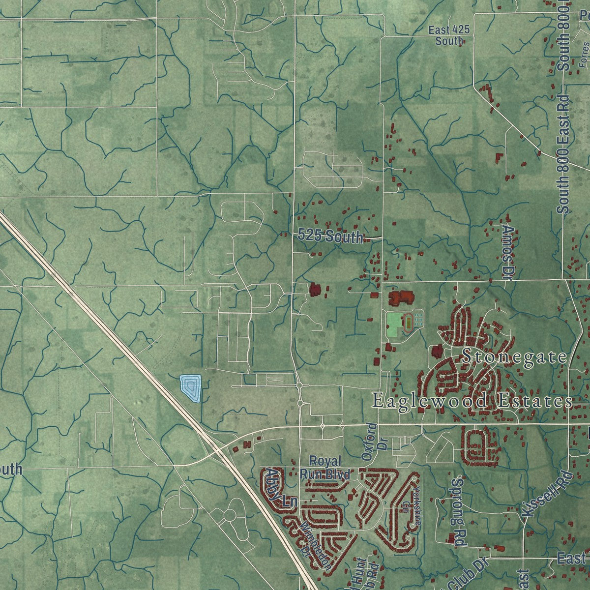 Second close-up of the map of Zionsville, Indiana print showing more streets and buildings