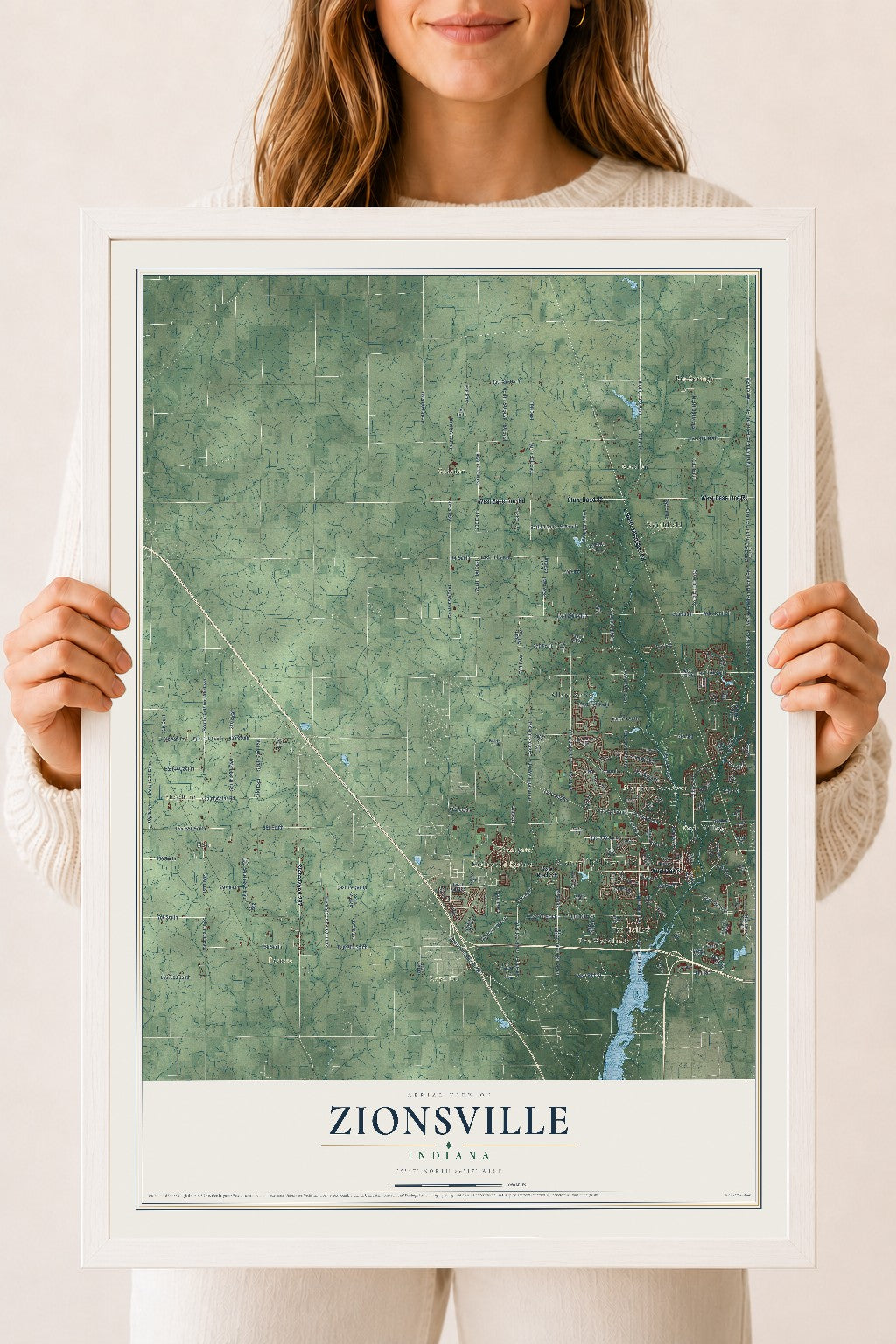 Map of Zionsville, Indiana, 18 x 24 inch print in a white wood frame