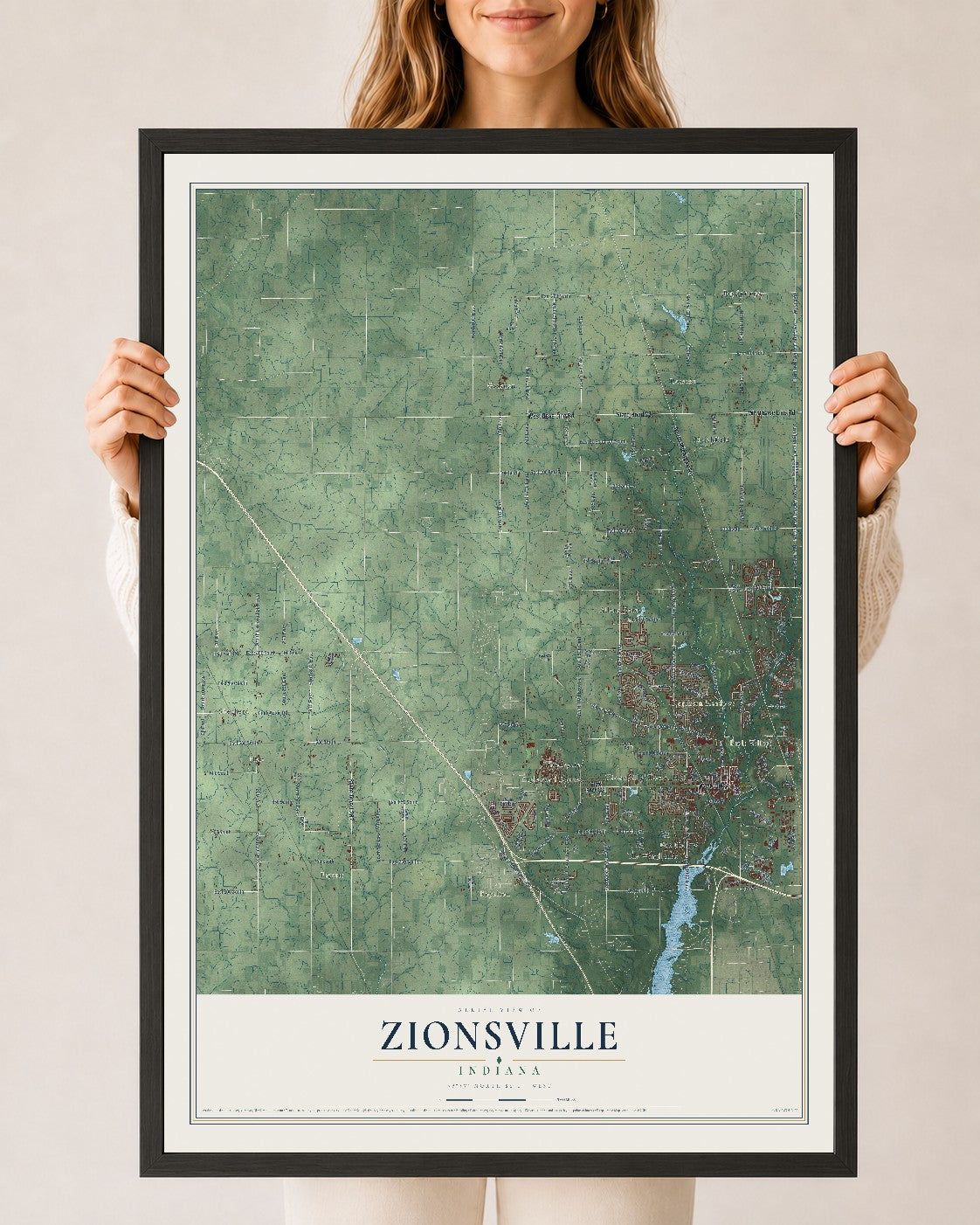 Map of Zionsville, Indiana, 24 x 36 inch print in a black wood frame