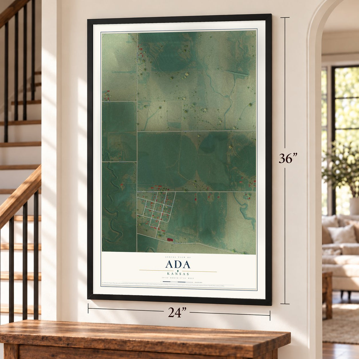 Ada, Kansas map, 24 x 36 inch print in a black frame by a staircase