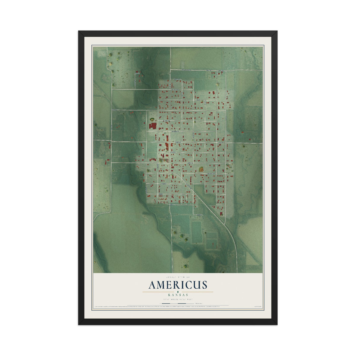 Map of Americus, Kansas, 12 x 18 inch print in a black wood frame