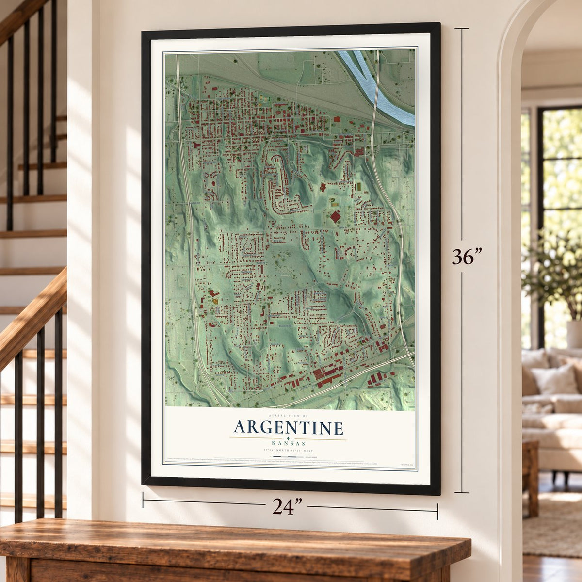 Argentine, Kansas map, 24 x 36 inch print in a black frame by a staircase