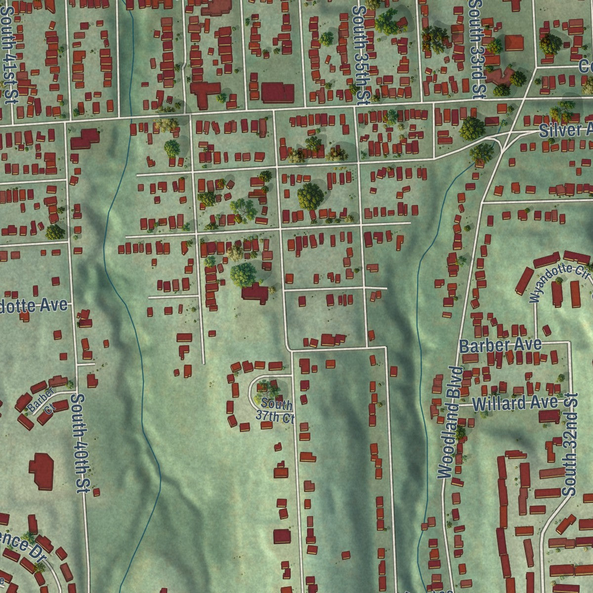 Close-up of the map of Argentine, Kansas print showing street and building detail