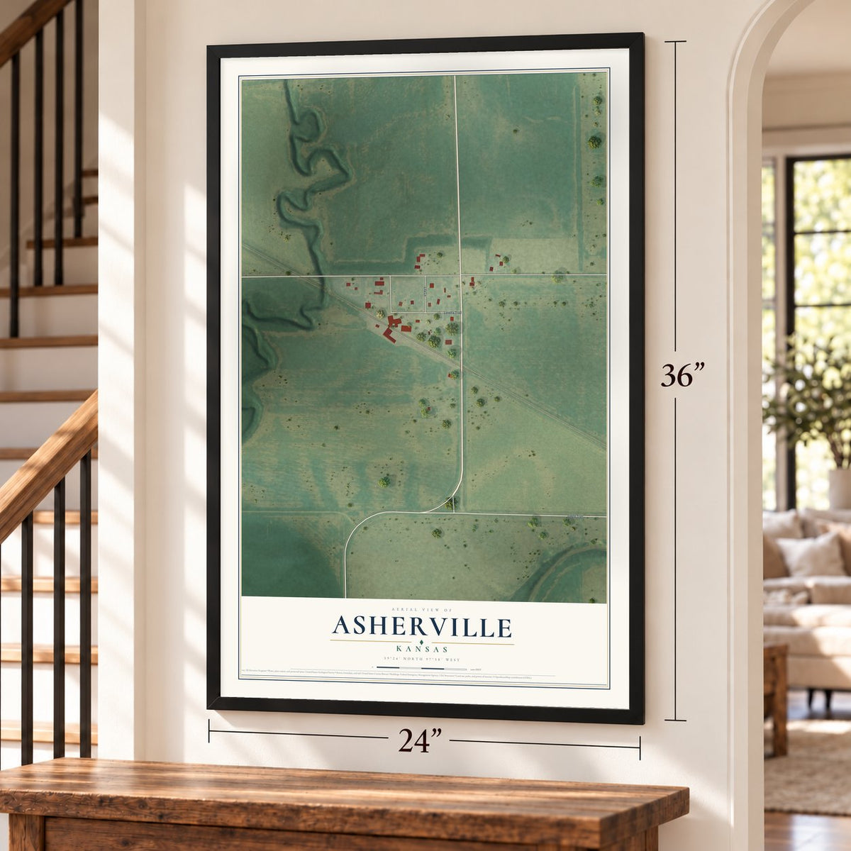 Asherville, Kansas map, 24 x 36 inch print in a black frame by a staircase