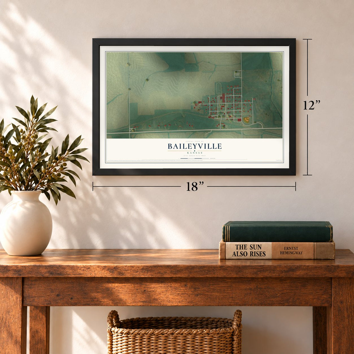Baileyville, Kansas map, 12 x 18 inch print in a black frame in an entryway