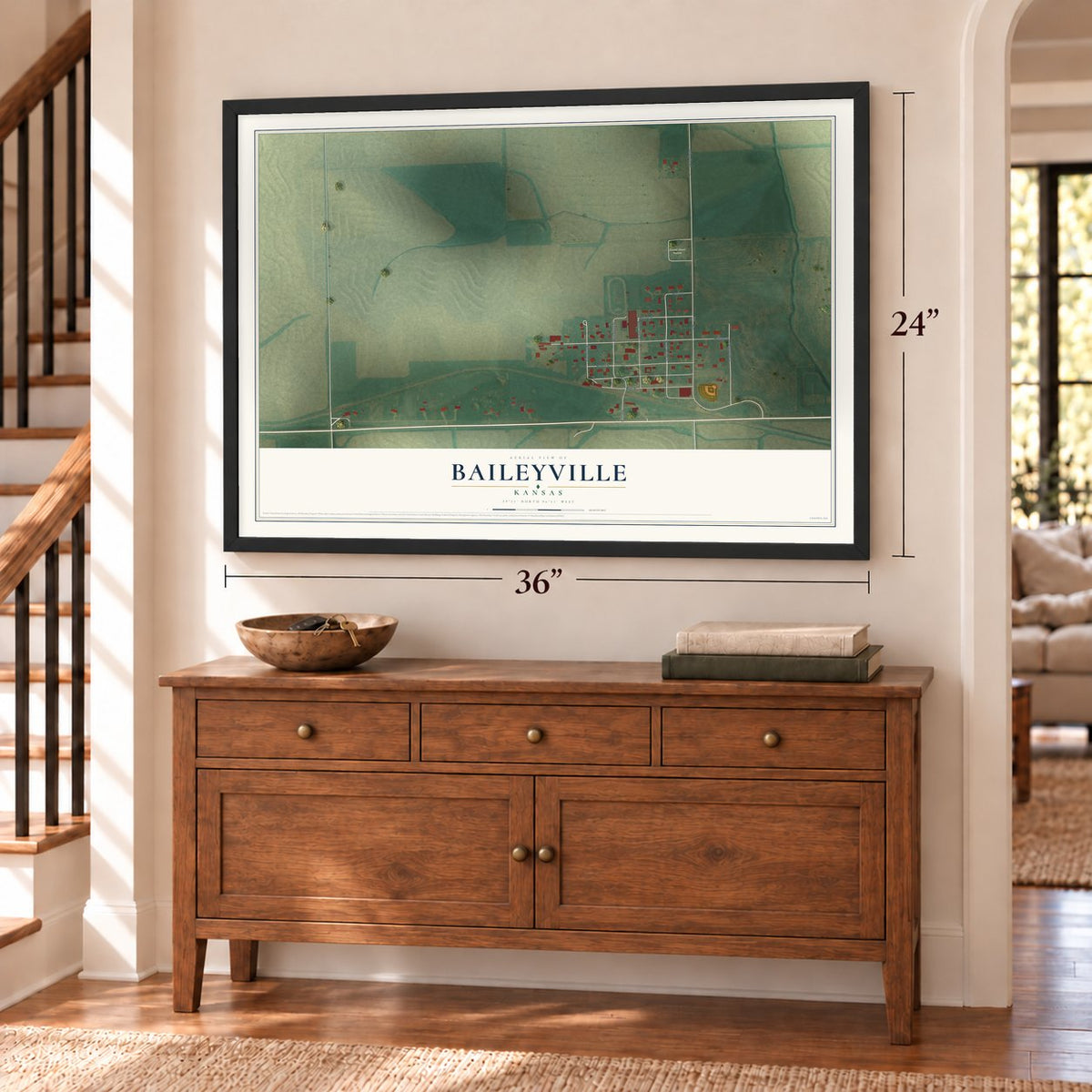 Baileyville, Kansas map, 24 x 36 inch print in a black frame above a dresser by a staircase