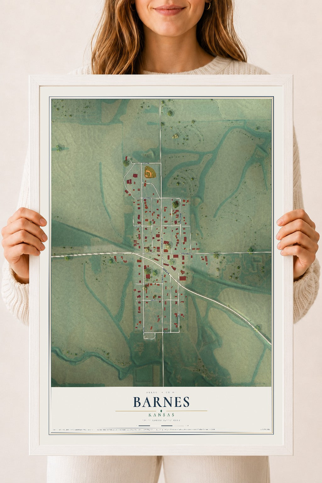 Map of Barnes, Kansas, 18 x 24 inch print in a white wood frame