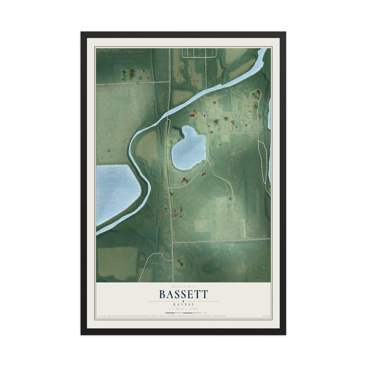 Map of Bassett, Kansas, 12 x 18 inch print in a black wood frame
