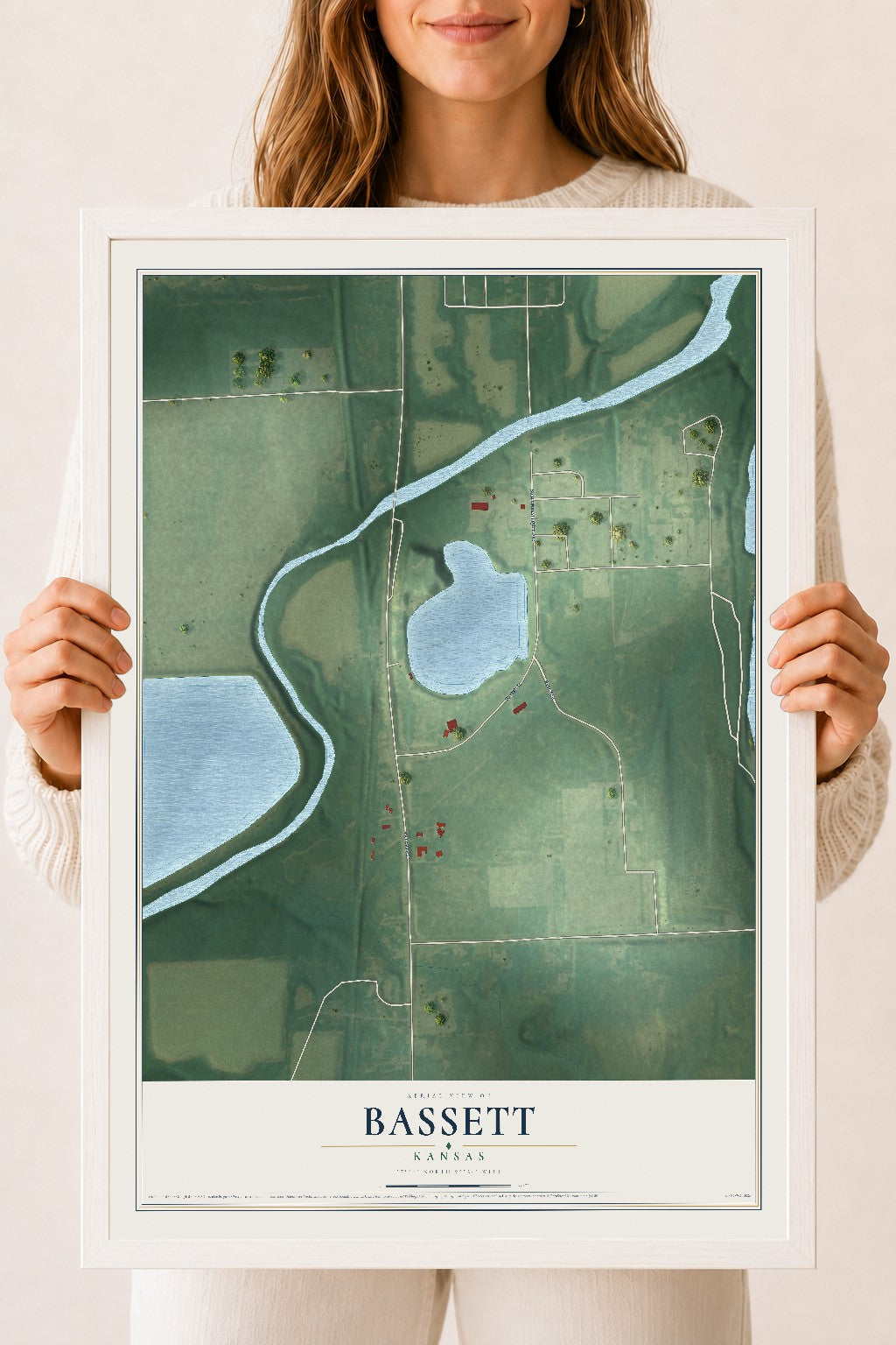 Map of Bassett, Kansas, 18 x 24 inch print in a white wood frame