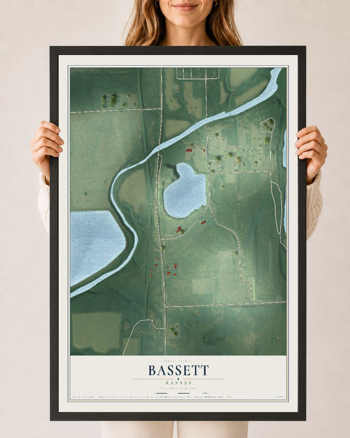 Map of Bassett, Kansas, 24 x 36 inch print in a black wood frame