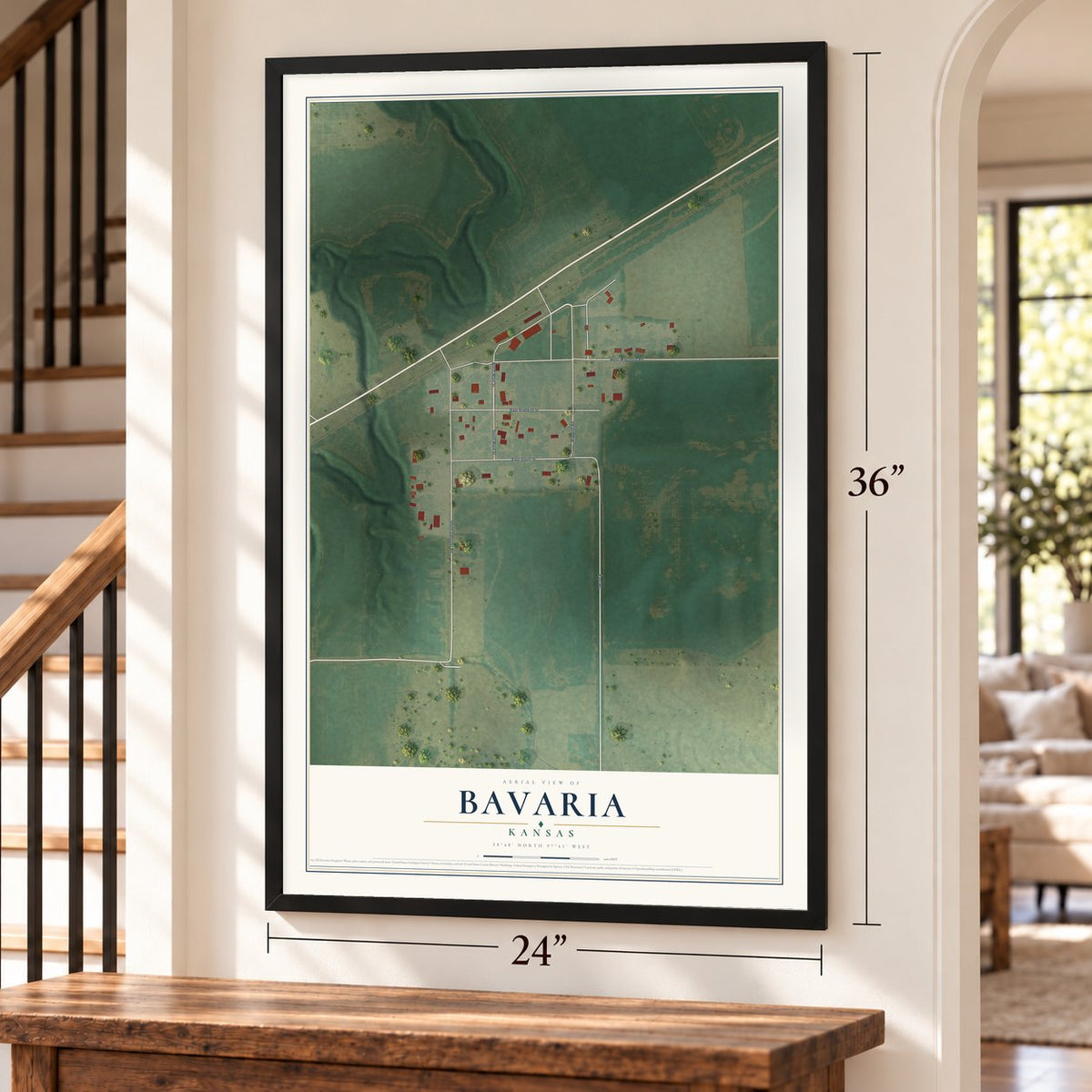 Bavaria, Kansas map, 24 x 36 inch print in a black frame by a staircase