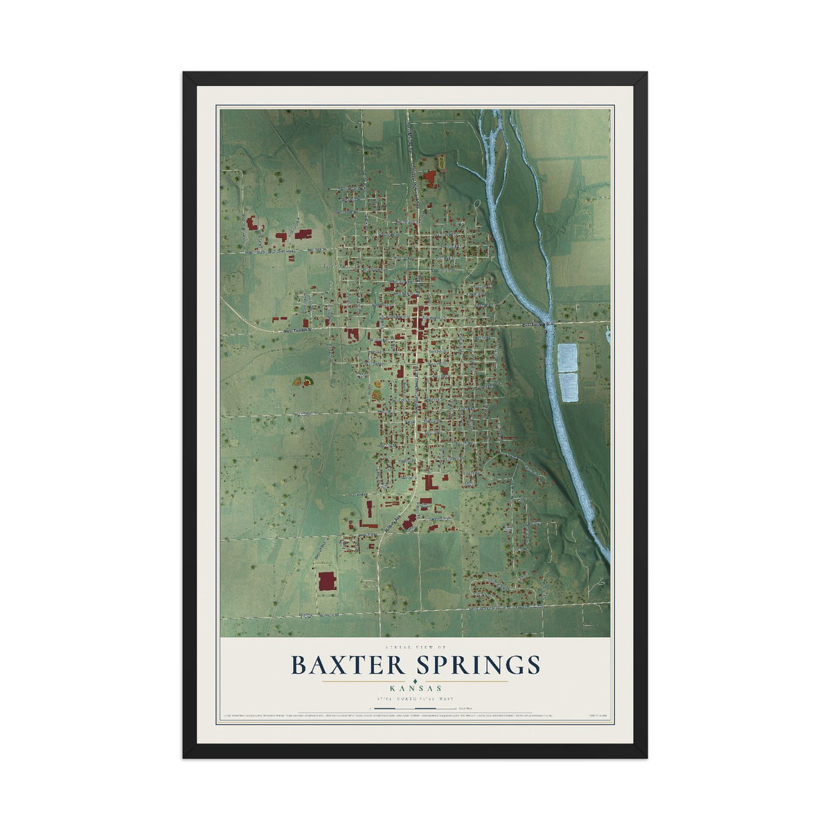 Map of Baxter Springs, Kansas, 12 x 18 inch print in a black wood frame