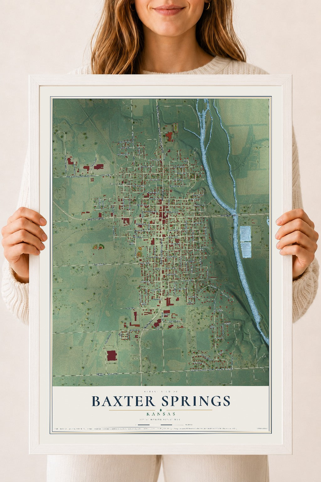 Map of Baxter Springs, Kansas, 18 x 24 inch print in a white wood frame
