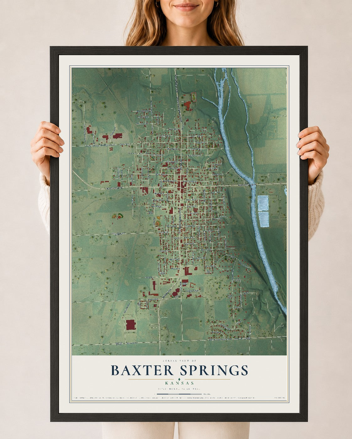 Map of Baxter Springs, Kansas, 24 x 36 inch print in a black wood frame