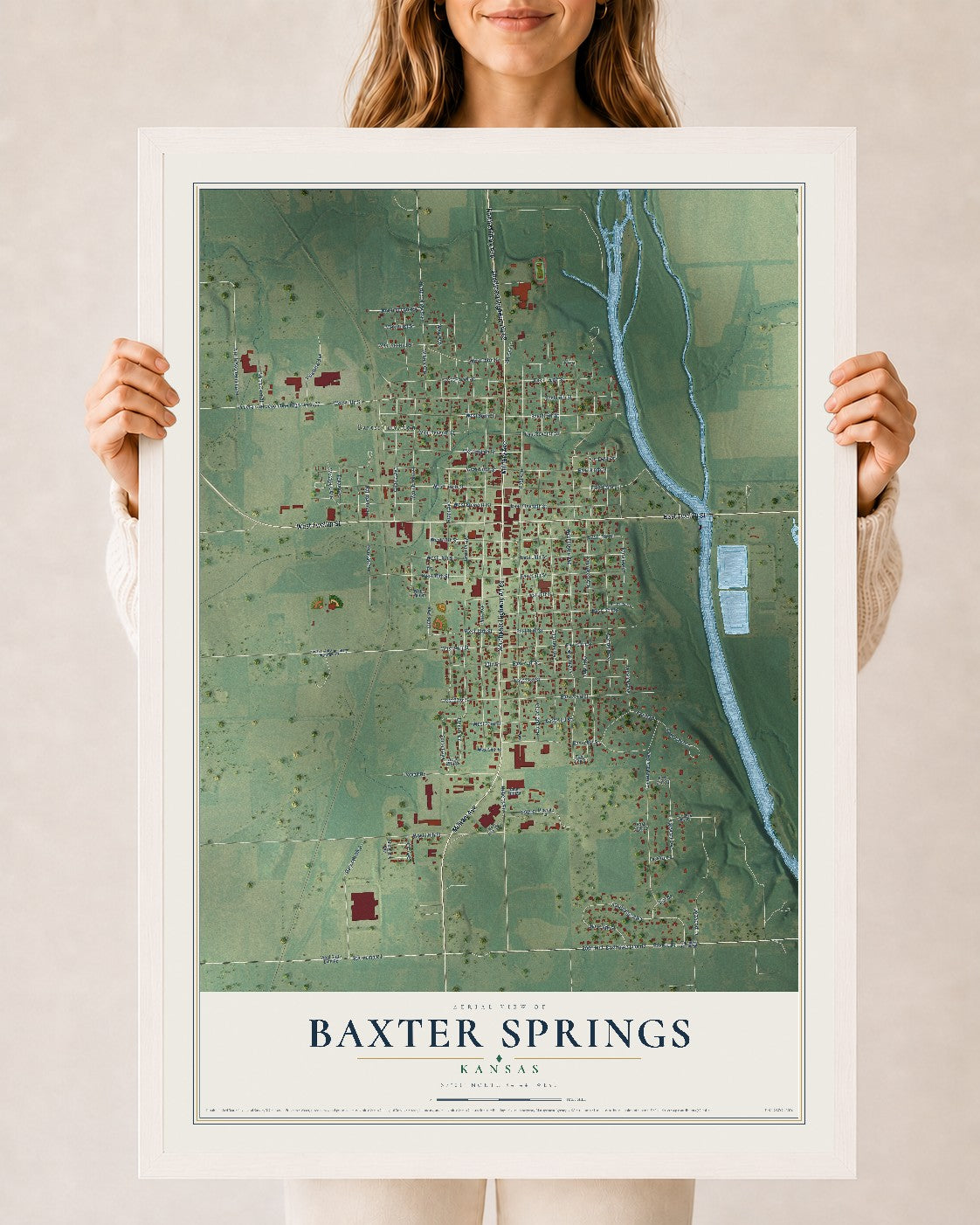 Map of Baxter Springs, Kansas, 24 x 36 inch print in a white wood frame