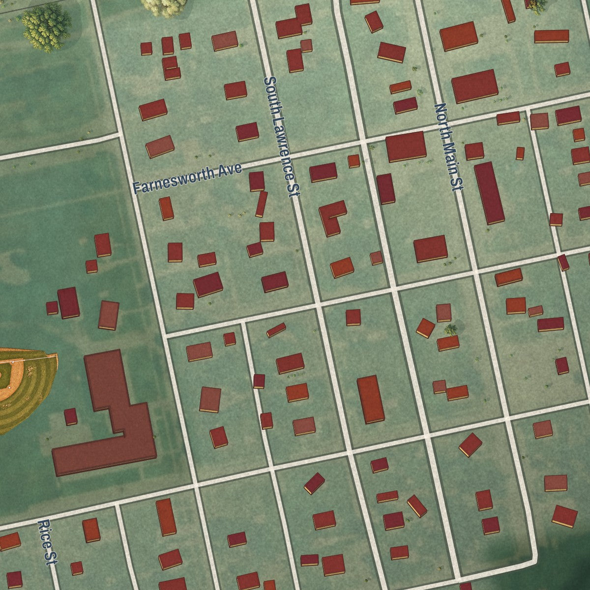 Close-up of the map of Bazine, Kansas print showing street and building detail