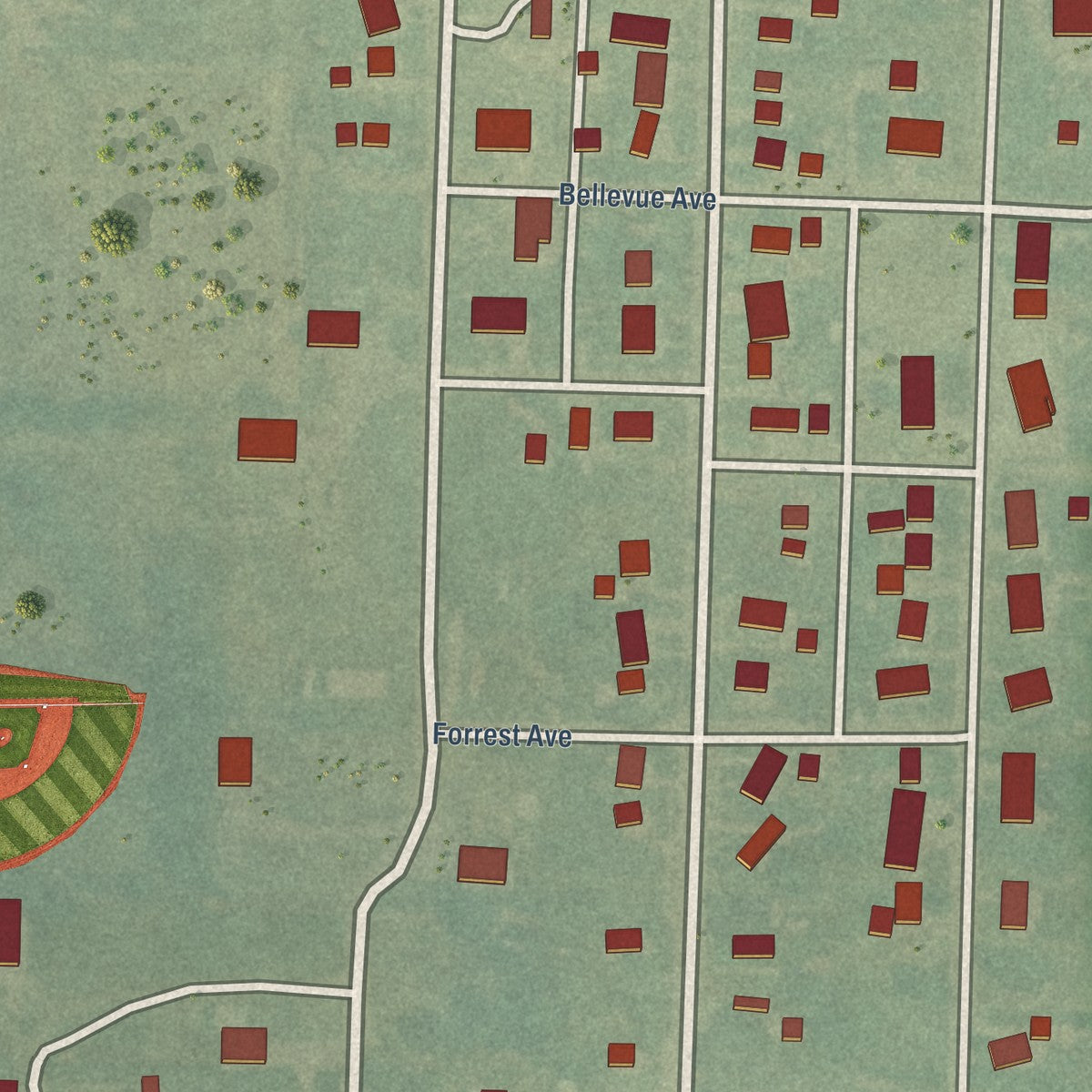 Second close-up of the map of Bazine, Kansas print showing more streets and buildings