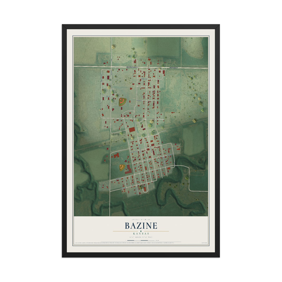 Map of Bazine, Kansas, 12 x 18 inch print in a black wood frame