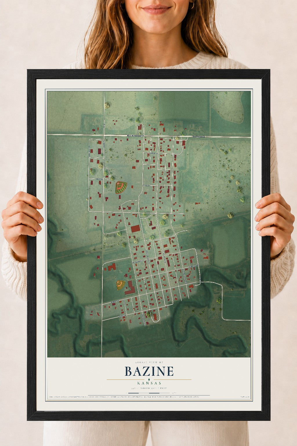Map of Bazine, Kansas, 18 x 24 inch print in a black wood frame