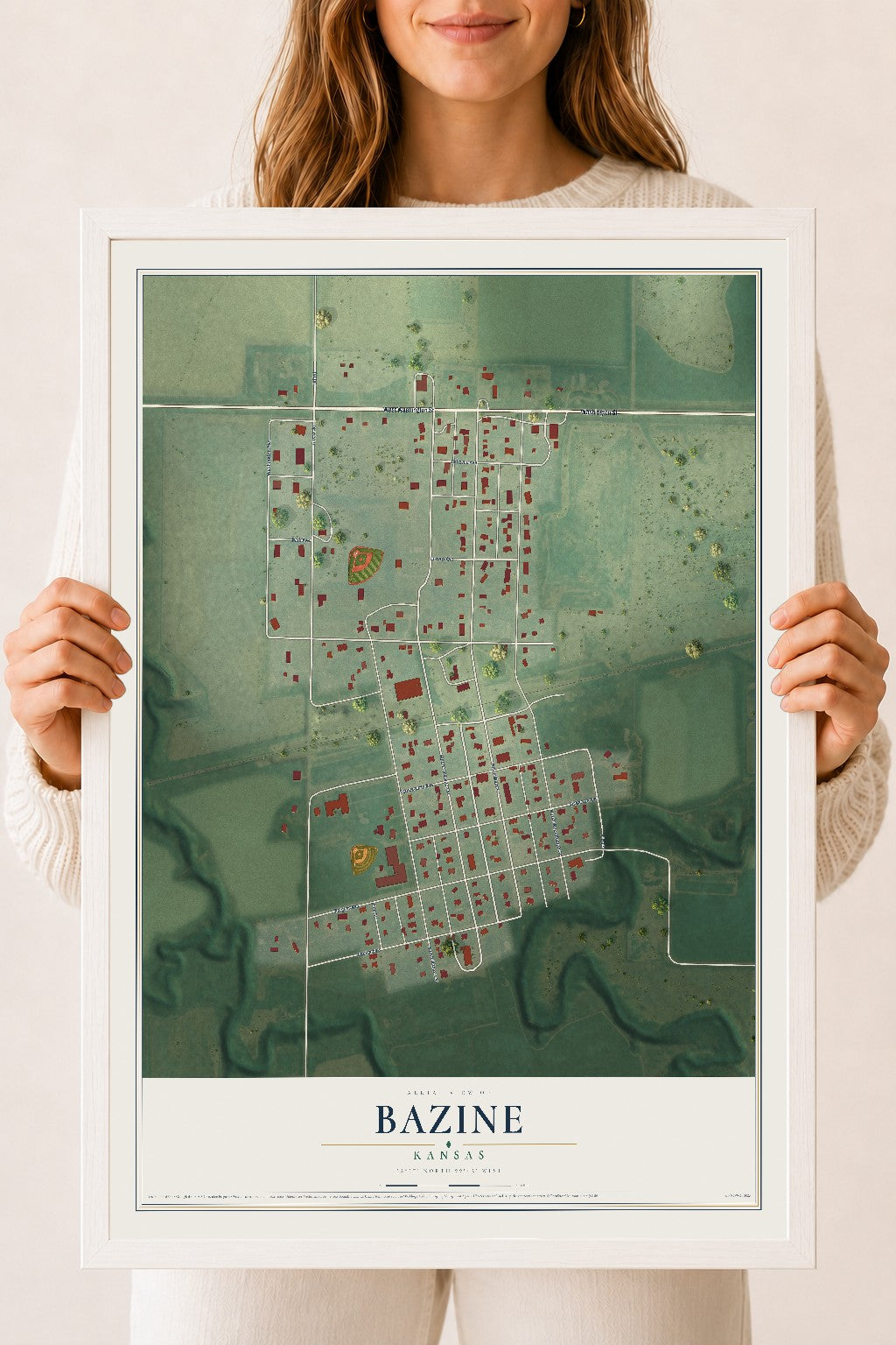 Map of Bazine, Kansas, 18 x 24 inch print in a white wood frame