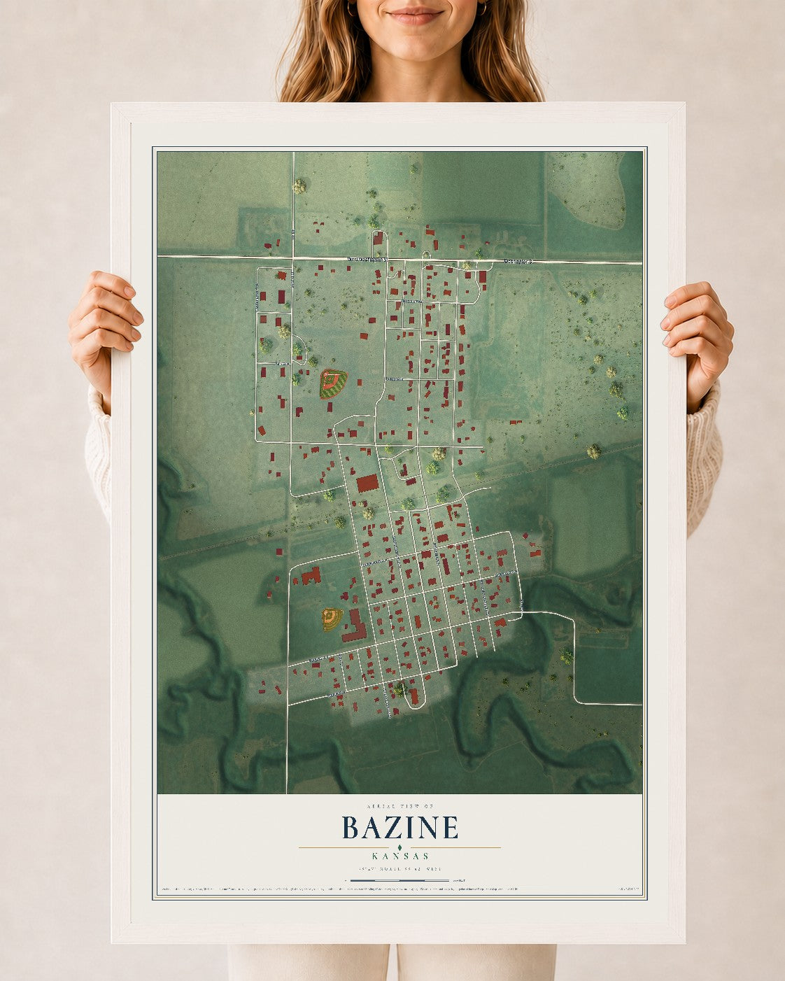 Map of Bazine, Kansas, 24 x 36 inch print in a white wood frame