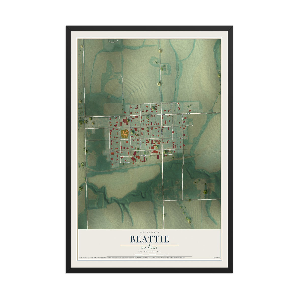 Map of Beattie, Kansas, 12 x 18 inch print in a black wood frame