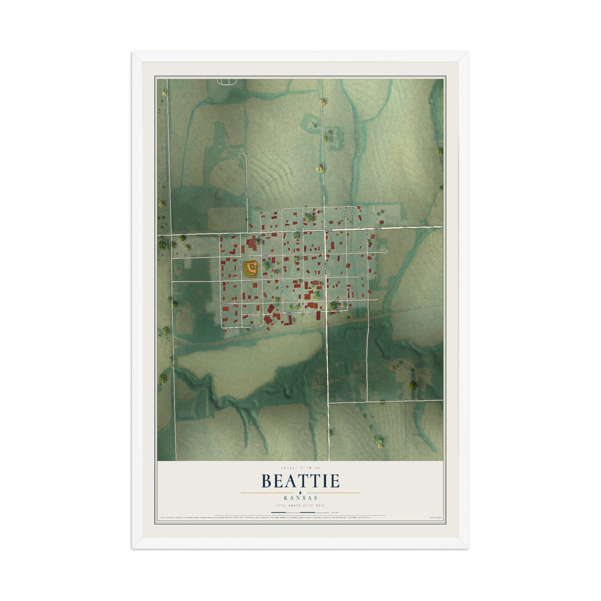 Map of Beattie, Kansas, 12 x 18 inch print in a white wood frame