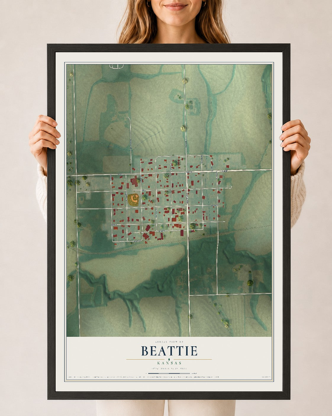 Map of Beattie, Kansas, 24 x 36 inch print in a black wood frame