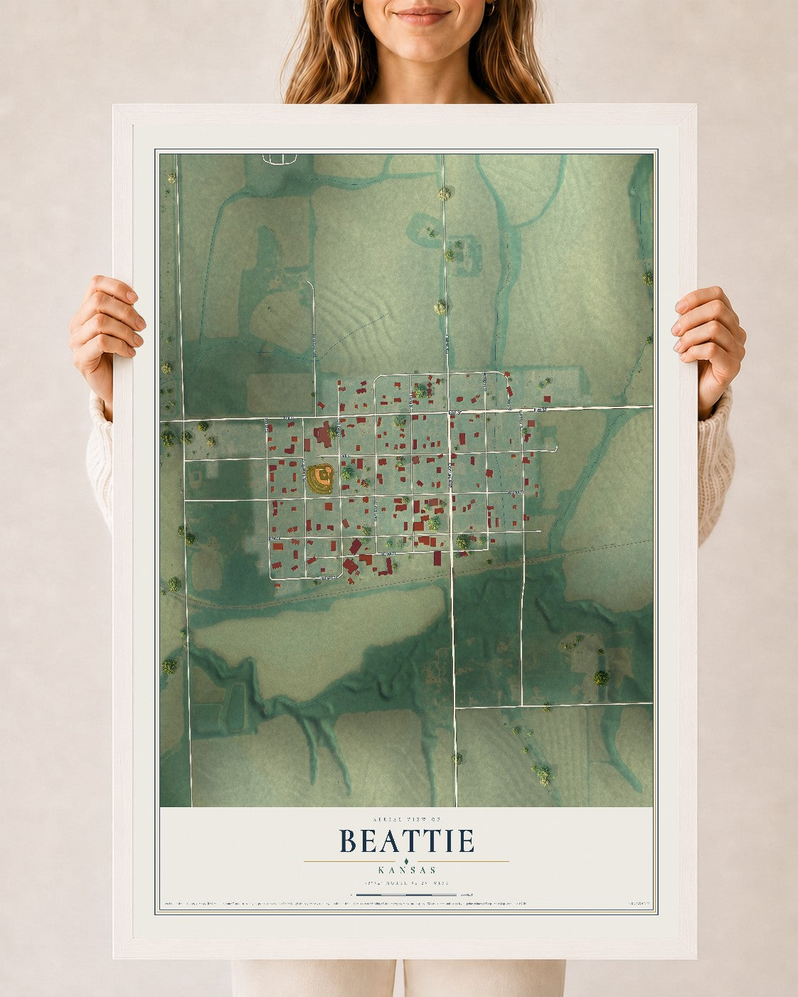 Map of Beattie, Kansas, 24 x 36 inch print in a white wood frame
