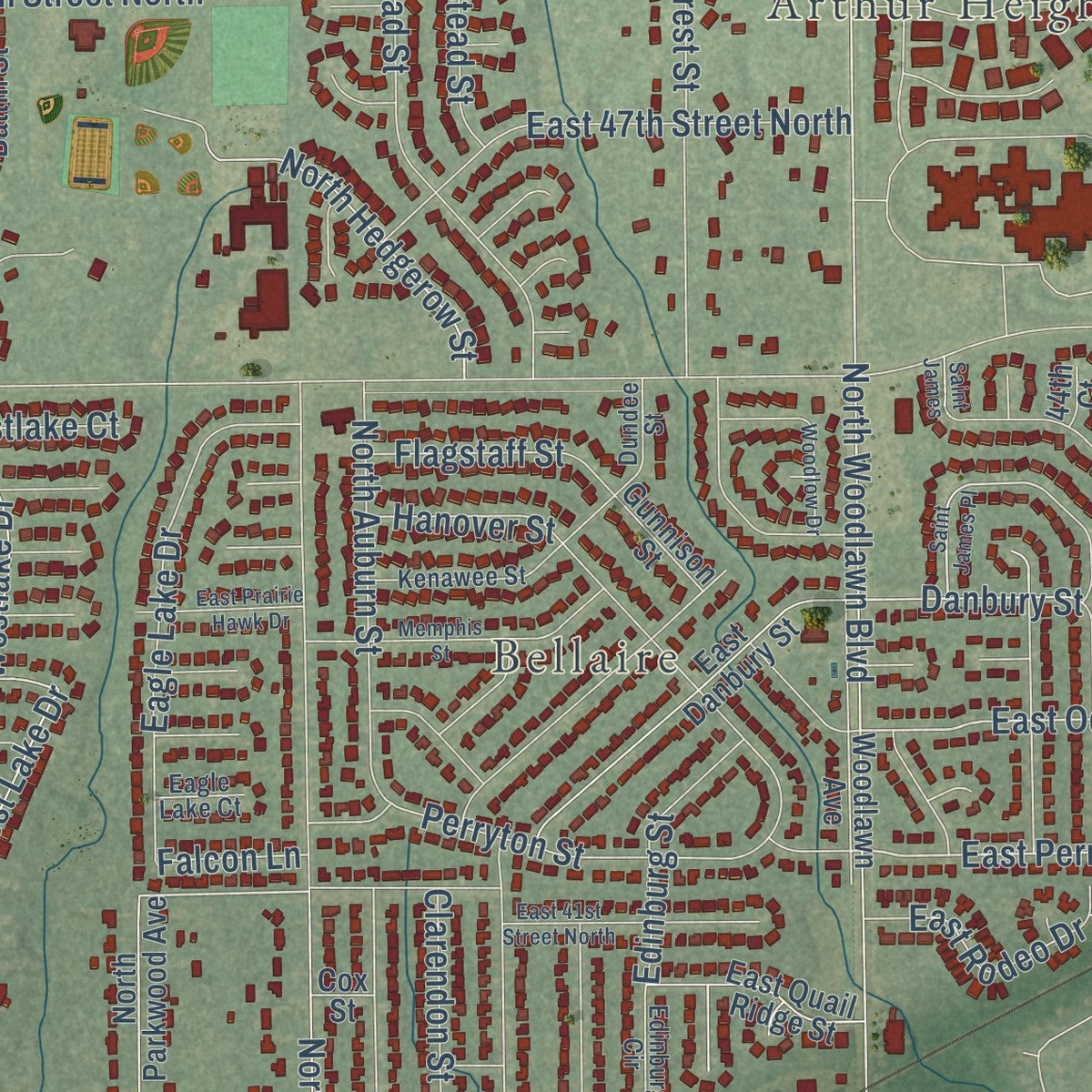 Close-up of the map of Bel Aire, Kansas print showing street and building detail