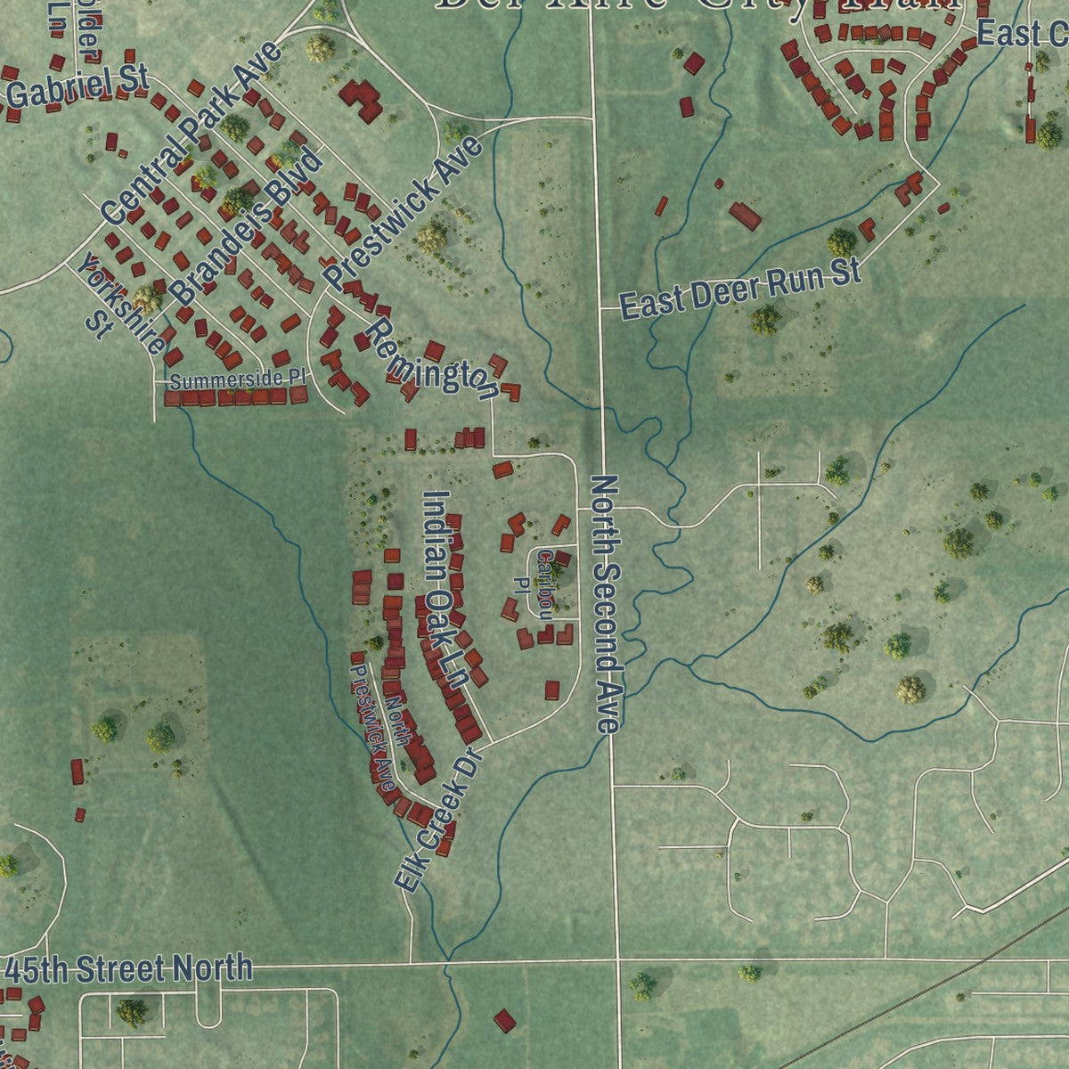 Second close-up of the map of Bel Aire, Kansas print showing more streets and buildings
