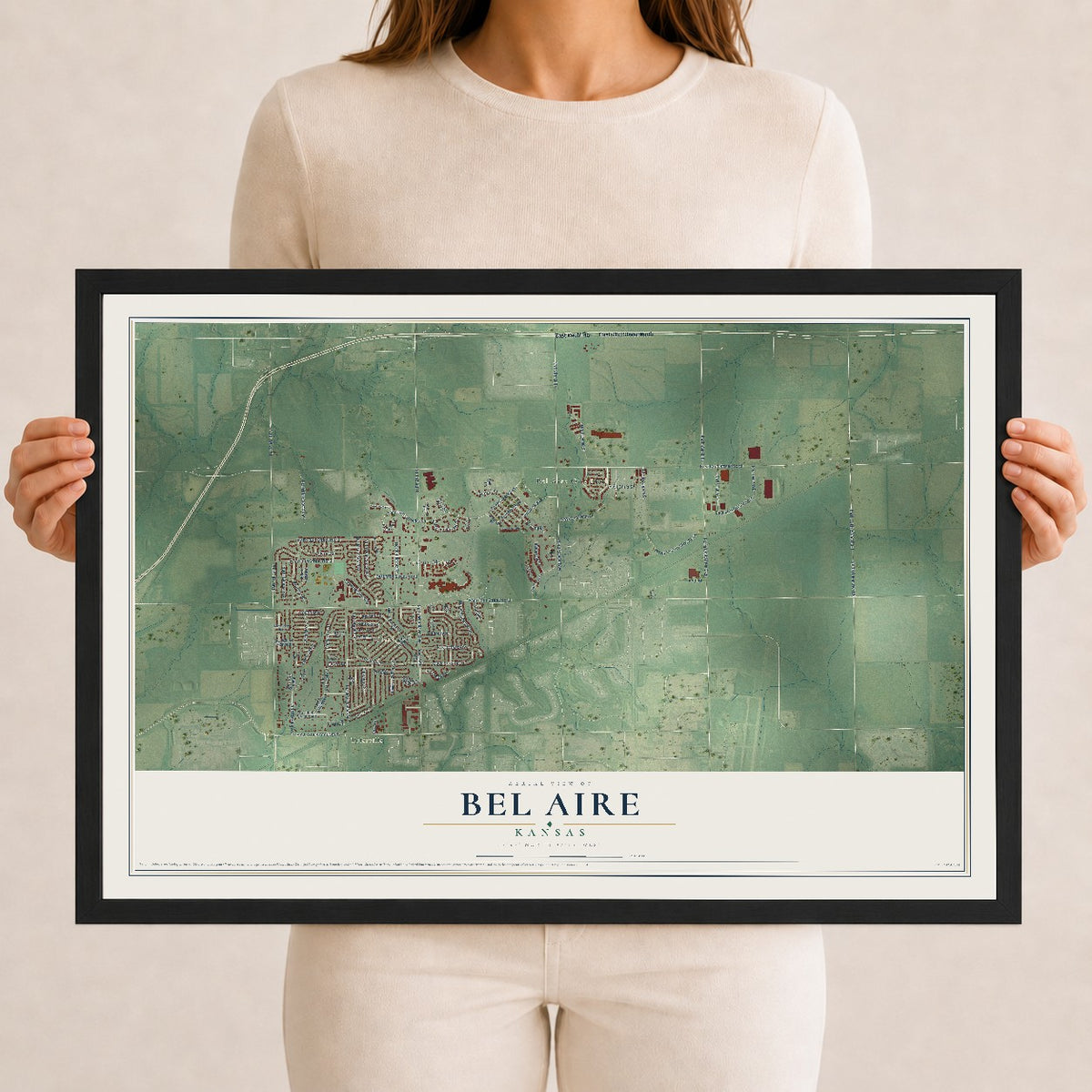 Map of Bel Aire, Kansas, 12 x 18 inch print in a black wood frame