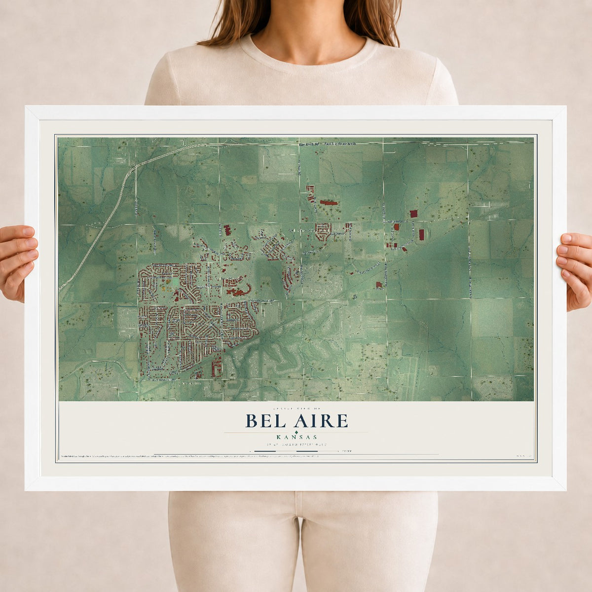 Map of Bel Aire, Kansas, 18 x 24 inch print in a white wood frame