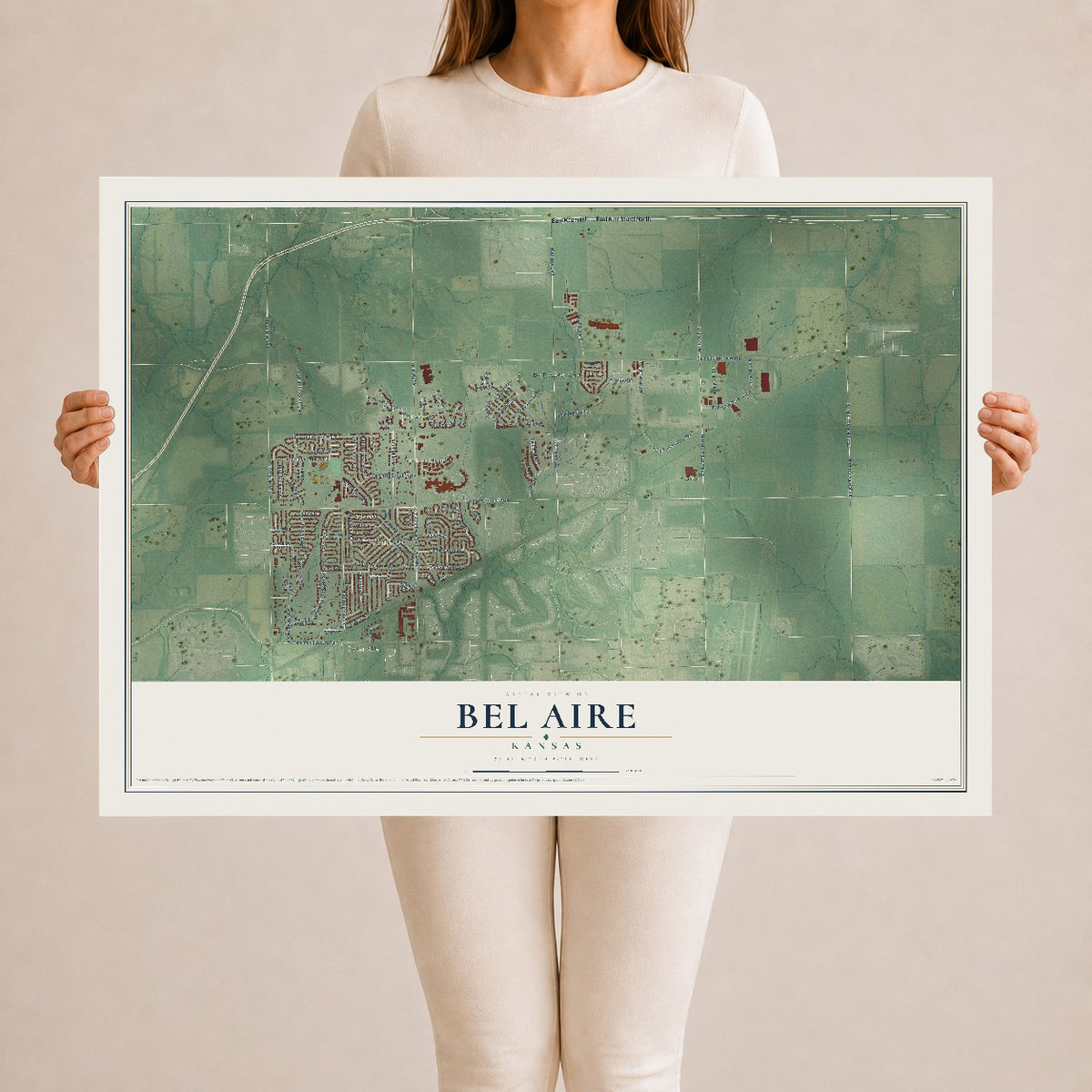 Map of Bel Aire, Kansas, 24 x 36 inch unframed archival matte print